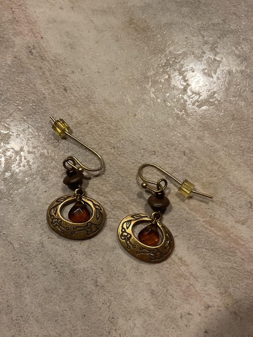 Etched Brass Dangle Earrings yellow bead 1” long